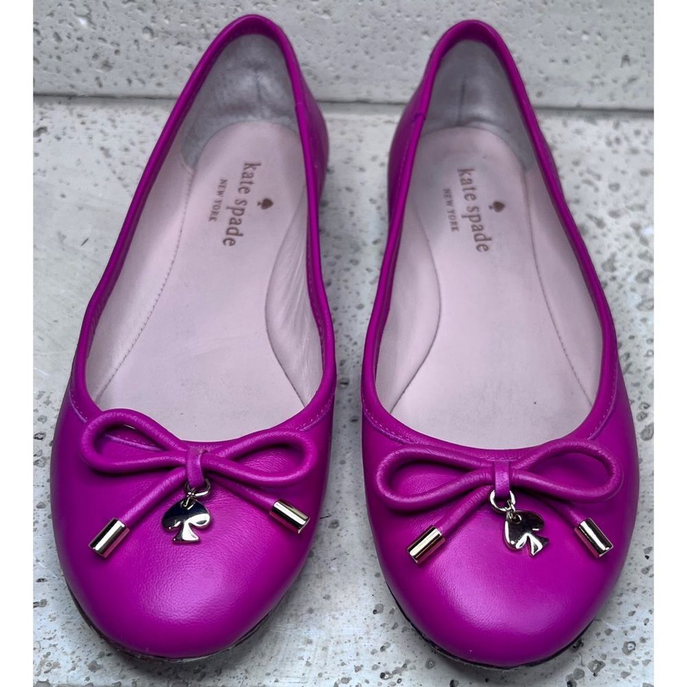 Kate Spade Pink Leather Ballet Flats Willia Bow Gold Spade Charm Shoes Sz 5.5